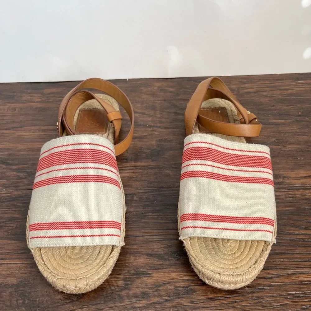 Tory Burch Espadrille Awning Stripe Leather Strap Sandals - Picture 4 of 9